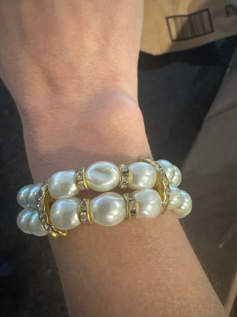 Double-Row White Pearl Stretch Bracelet with Gold Accents